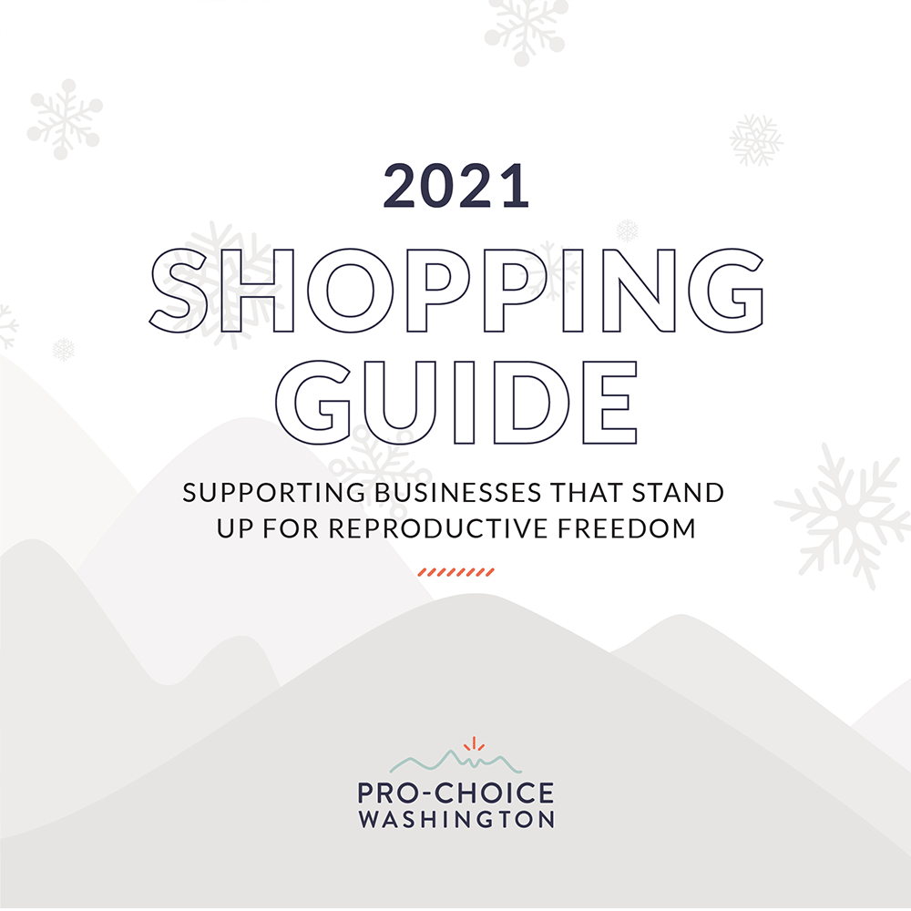 Text says 2021 Shopping Guide. Background image is snowflakes and mountains.