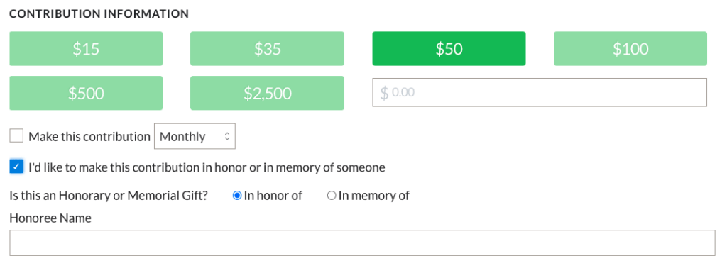 A screenshot of the contribution information forum where you can designate an honorary gift