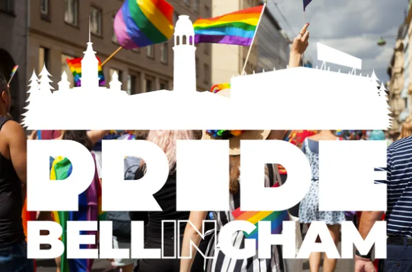 Pride IN Bellingham logo over a photo of people celebrating Pride