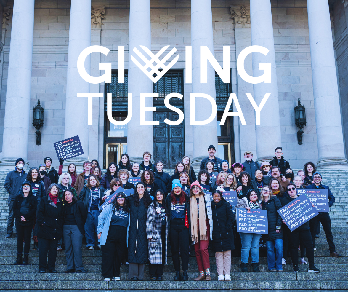 Group of activists on the steps of the capital in Olympia with white graphics that read Giving Tuesday across the top