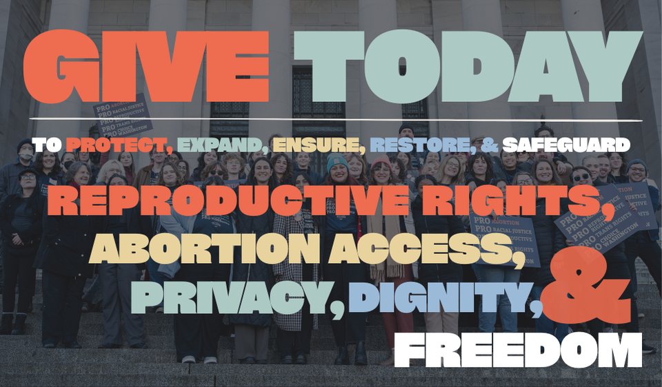 Group of people on steps of capital with graphic letter across that reads, Give Today to protect, expand, ensure, restore and safeguard abortion access