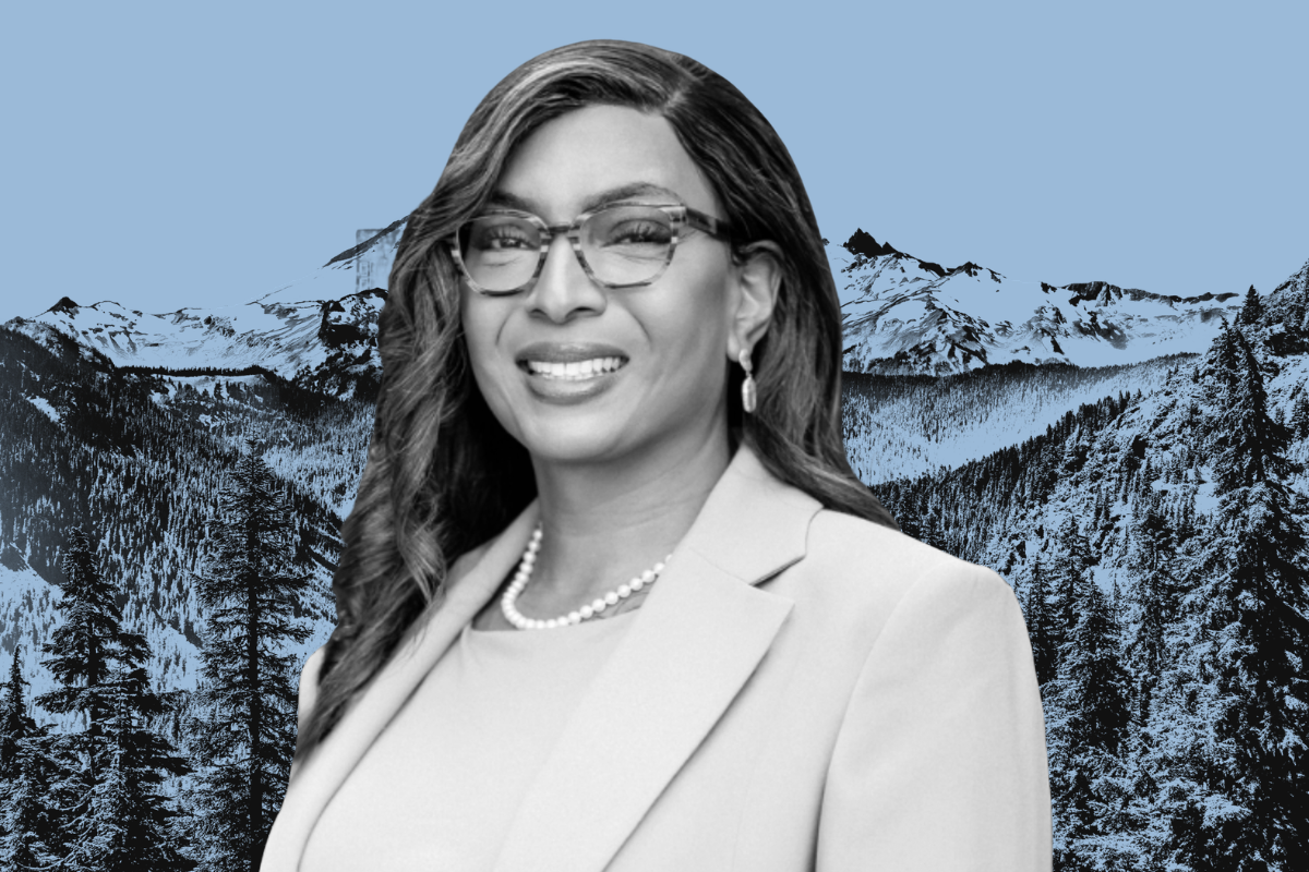 Black and white photo of Jaelynn Scott over a blue mountain landscape